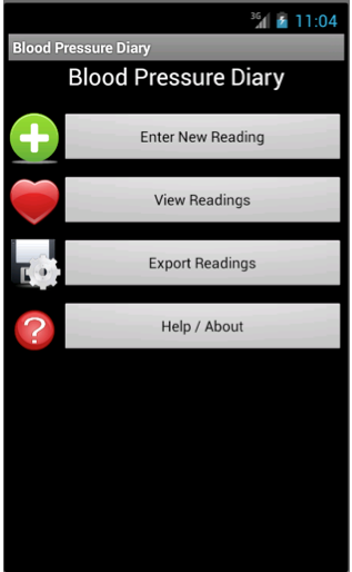 Screenshot of the main user interface in the Blood Pressure Diary application.