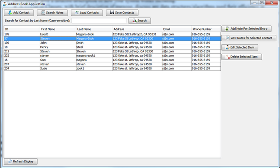 Screenshot of the main user interface in the contact book application.